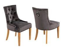 Load image into Gallery viewer, Pair of Scoop Back Verona Dining Chairs in Grey Velvet with Chrome Knocker and Oak Legs