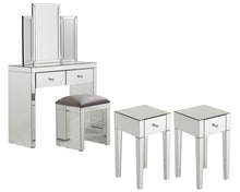 Load image into Gallery viewer, Monroe Silver Mirrored Console Table Set with 2 x 1 Drawer Bedside Tables, Stool and Tri-fold Mirror