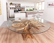 Load image into Gallery viewer, Teak root round table with 180cm round glass