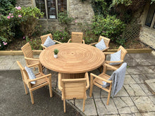 Load image into Gallery viewer, Teak Garden Furniture Round Table Lazy Susan 8 Stacking Chairs Premium Edition
