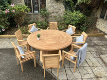 Load image into Gallery viewer, Teak Garden Furniture Round Table Lazy Susan 8 Stacking Chairs Premium Edition