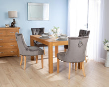 Load image into Gallery viewer, Rectangular Oak Dining Table and 4 Grey Velvet Verona Dining Chairs with Chrome Knocker and Oak Legs