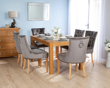 Load image into Gallery viewer, Rectangular Oak Dining Table and 6 Grey Velvet Verona Dining Chairs with Chrome Knocker and Oak Legs
