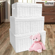 Load image into Gallery viewer, ARPAN Paper Rope Woven Storage Xmas Hamper Basket Box with White Cloth Lining, Large, Medium, Small (Set of 3)