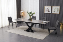 Load image into Gallery viewer, ceramic grey extending table with 6 grey faux leather chairs