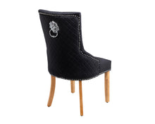 Load image into Gallery viewer, Sandhurst High Back Dining Chair in Black Velvet with Chrome Lion Head Knocker And Oak Legs
