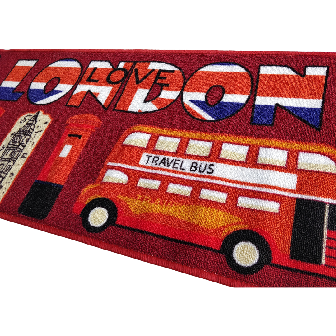 Love London Theme Red Kitchen Runners Polyester Area Rug Anti-Slip with latex backing