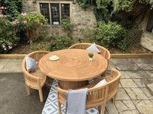 Load image into Gallery viewer, Teak Garden Furniture Round Table 3 Banana Benches With Lazy Susan