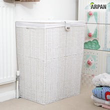 Load image into Gallery viewer, Arpan Resin Large Laundry Clothes Basket with Lid, Lock and Lining Storage Basket with Removable Lining 85 liters - White