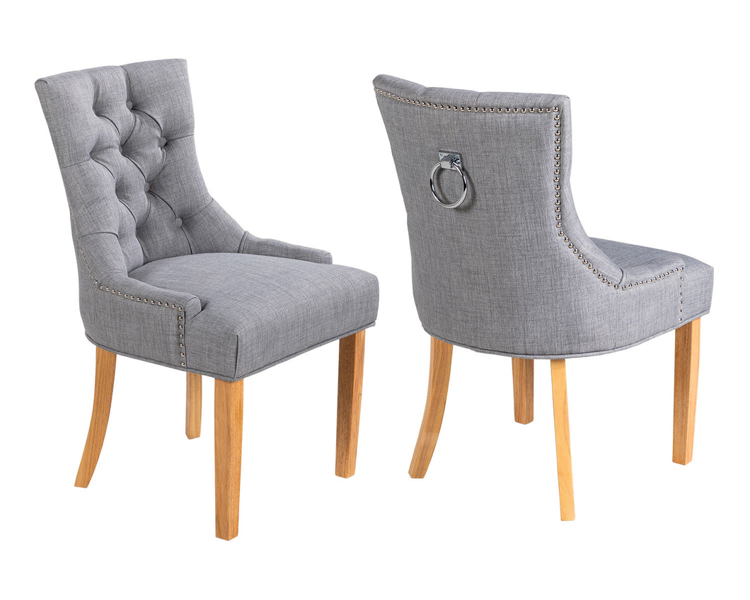 Pair of Verona Dining Chair in Grey Linen with Chrome Knocker and Oak Legs