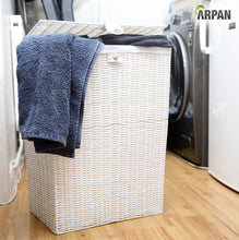 Load image into Gallery viewer, Arpan Resin Large Laundry Clothes Basket with Lid, Lock and Lining Storage Basket with Removable Lining 85 liters - White