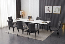 Load image into Gallery viewer, ceramic white extending dining table set inc 8 grey faux leather chairs