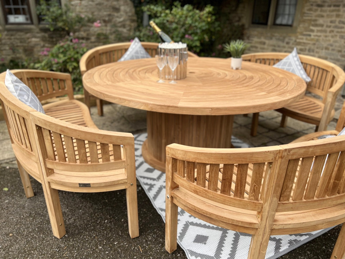 Teak Garden furniture round table 4 benches 12 seater set