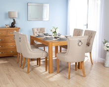 Load image into Gallery viewer, Rectangular Oak Dining Table and 6 Cream Linen Verona Dining Chairs with Chrome Knocker and Oak Legs