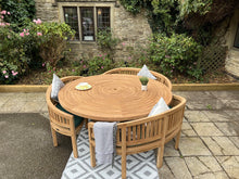 Load image into Gallery viewer, Teak Garden Furniture Round Table 3 Banana Benches With Lazy Susan