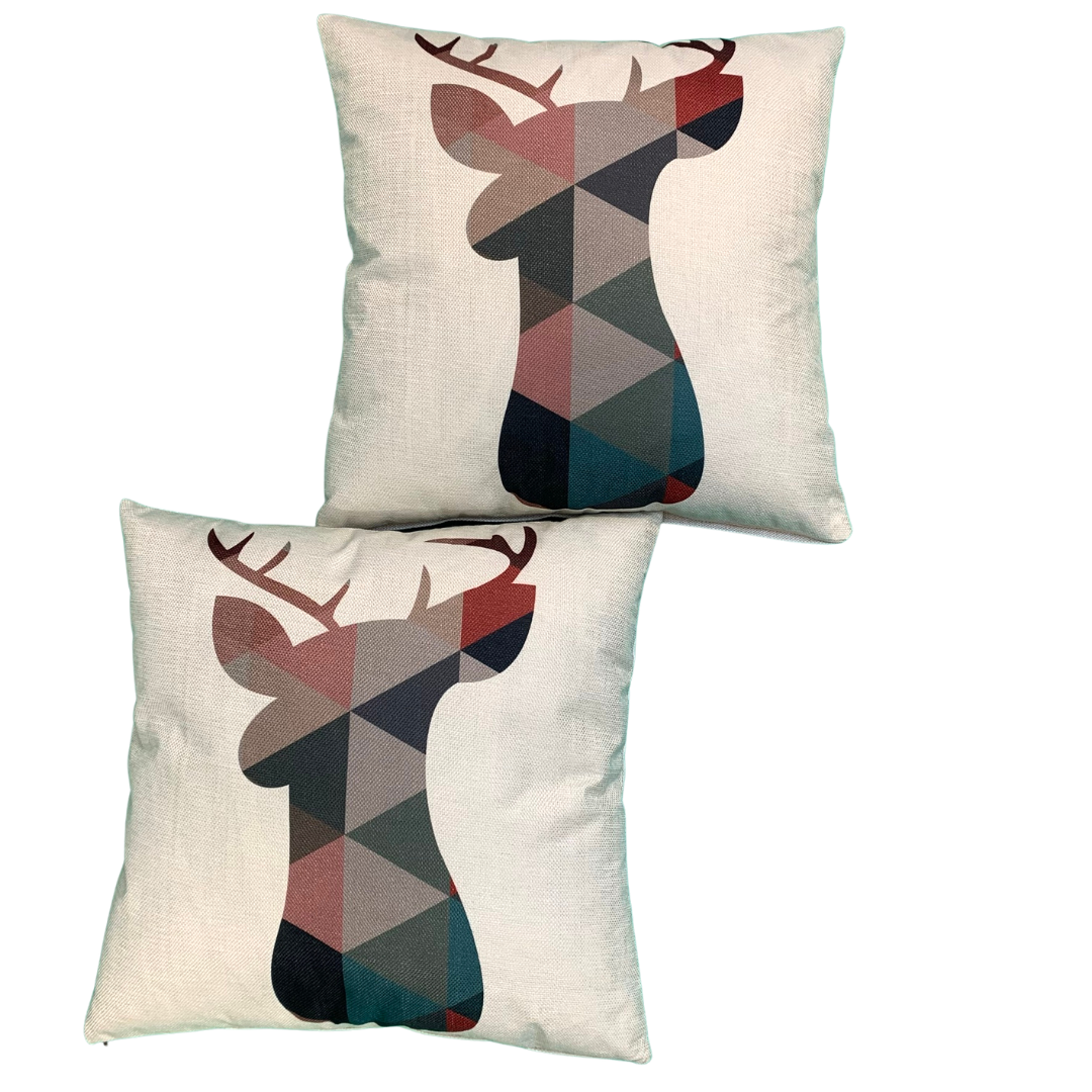 2 x Cushion Cover 56207 45 x 45 cm Square Cotton Linen Cushion Covers Decorative Pillowcase for Sofas, Beds Invisible Zip 2 Side Print (18' x 18' in) (Reindeer)