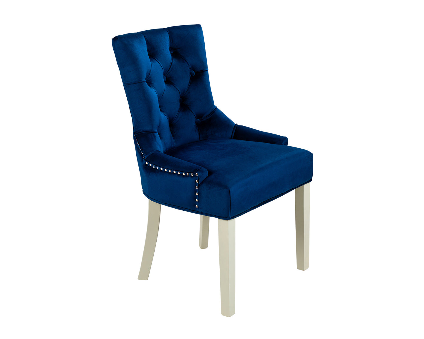 Verona Dining Chair in Royal Blue Velvet with Chrome Knocker and Grey Legs
