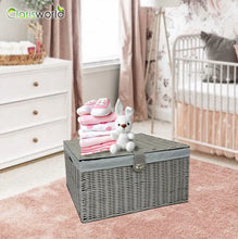 Load image into Gallery viewer, Clarisworld Resin Woven Hamper Basket Storage Chest Trunk Hamper/Kids Toy with Lid, Lock and Removable Lining, Grey W49 x D35 x H22cm
