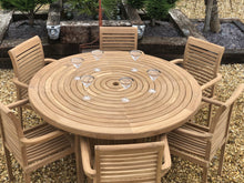 Load image into Gallery viewer, Teak Round table 150cm with 6 teak stacking chairs