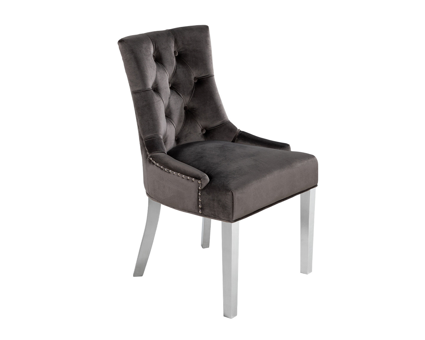 Verona Dining Chair in Grey Velvet with Chrome Knocker and Chrome Legs
