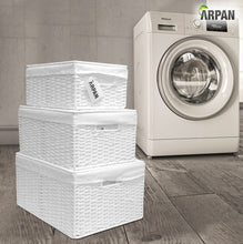 Load image into Gallery viewer, ARPAN Paper Rope Woven Storage Xmas Hamper Basket Box with White Cloth Lining, Large, Medium, Small (Set of 3)
