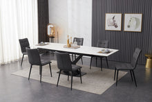Load image into Gallery viewer, ceramic white extending dining table set inc 6 grey faux leather chairs