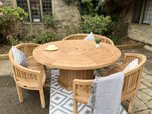 Load image into Gallery viewer, Teak Garden Furniture Round Table 3 Banana Benches With Lazy Susan
