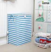 Load image into Gallery viewer, Arpan Washing Baskets for Laundry Plastic bin Hamper Storage Basket Blue - White Nautical Design 44 litres Capacity Light Weight
