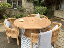 Load image into Gallery viewer, Teak Garden Furniture Round Table 3 Banana Benches With Lazy Susan