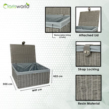 Load image into Gallery viewer, Clarisworld Resin Woven Hamper Basket Storage Chest Trunk Hamper/Kids Toy with Lid, Lock and Removable Lining, Grey W49 x D35 x H22cm