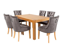 Load image into Gallery viewer, Rectangular Oak Dining Table and 6 Grey Velvet Verona Dining Chairs with Chrome Knocker and Oak Legs