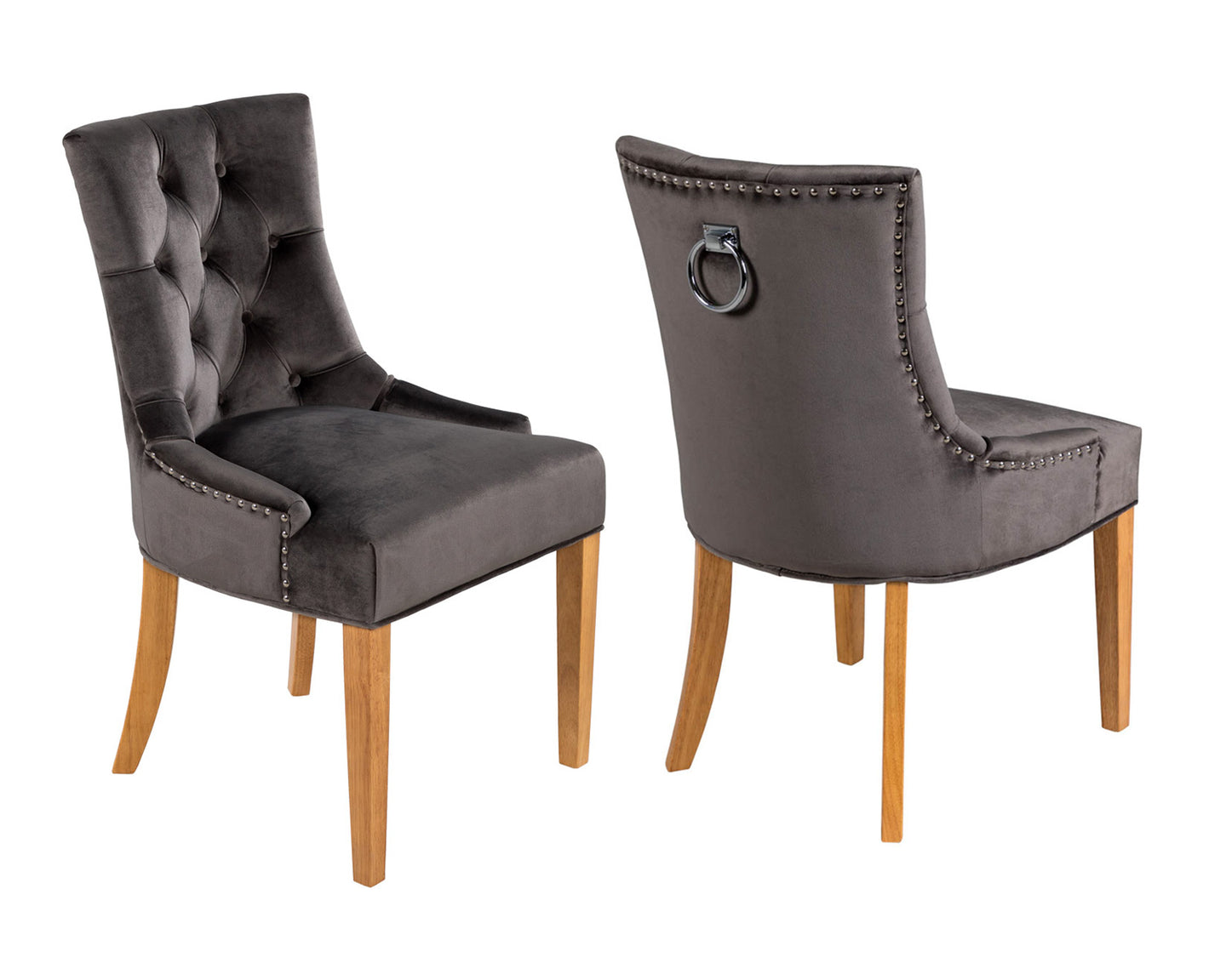 Pair of Scoop Back Verona Dining Chairs in Grey Velvet with Chrome Knocker and Oak Legs