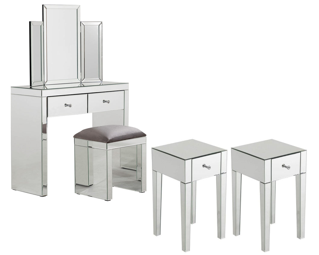 Monroe Silver Mirrored Console Table Set with 2 x 1 Drawer Bedside Tables, Stool and Tri-fold Mirror