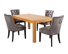 Load image into Gallery viewer, Rectangular Oak Dining Table and 4 Grey Velvet Verona Dining Chairs with Chrome Knocker and Black Legs
