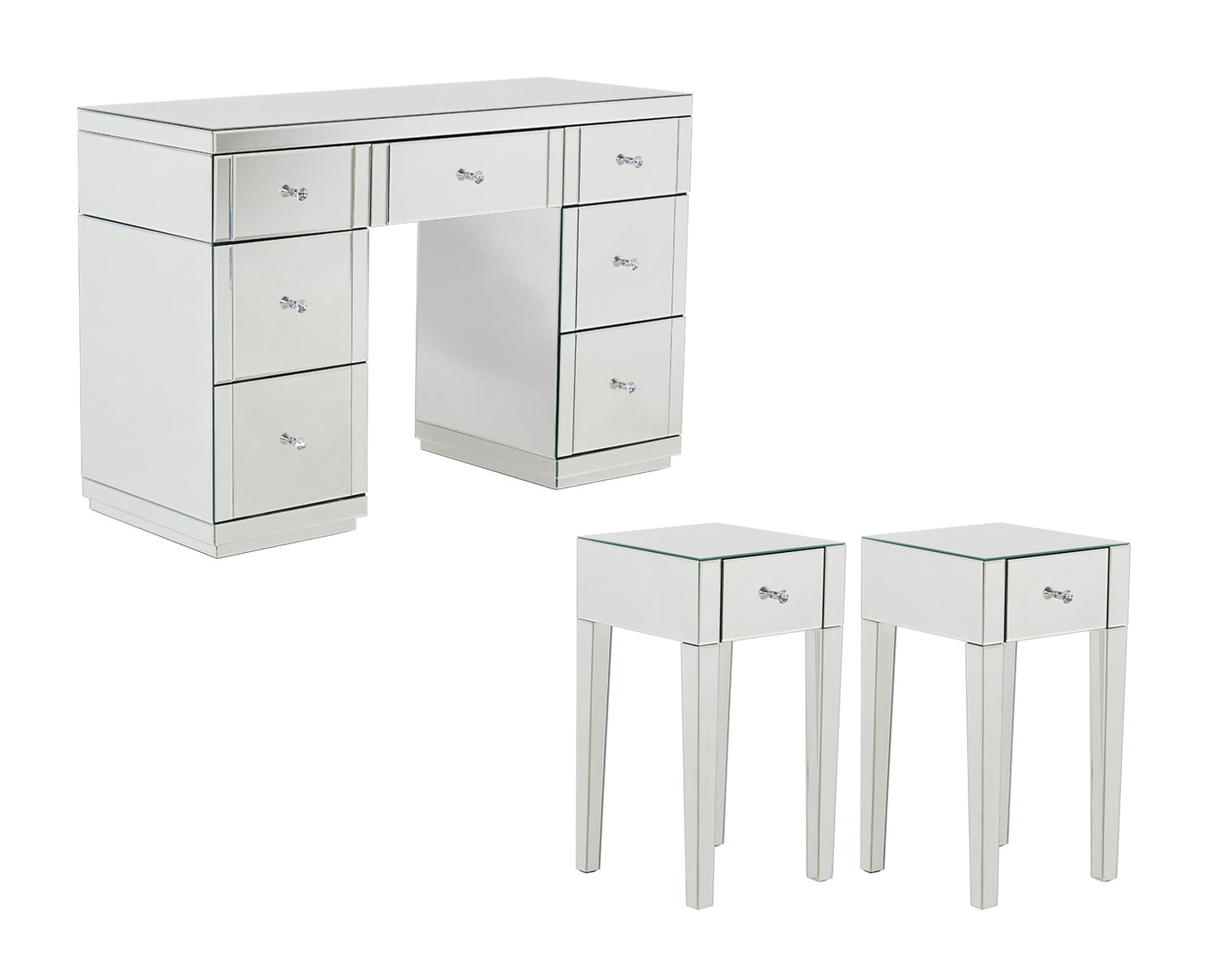 Monroe Silver Mirrored Dressing Table Set with 2 x 1 Drawer Bedside Tables