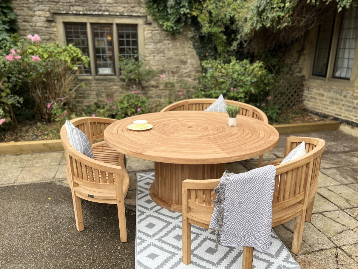 Teak Garden Furniture Round Table 3 Banana Benches With Lazy Susan