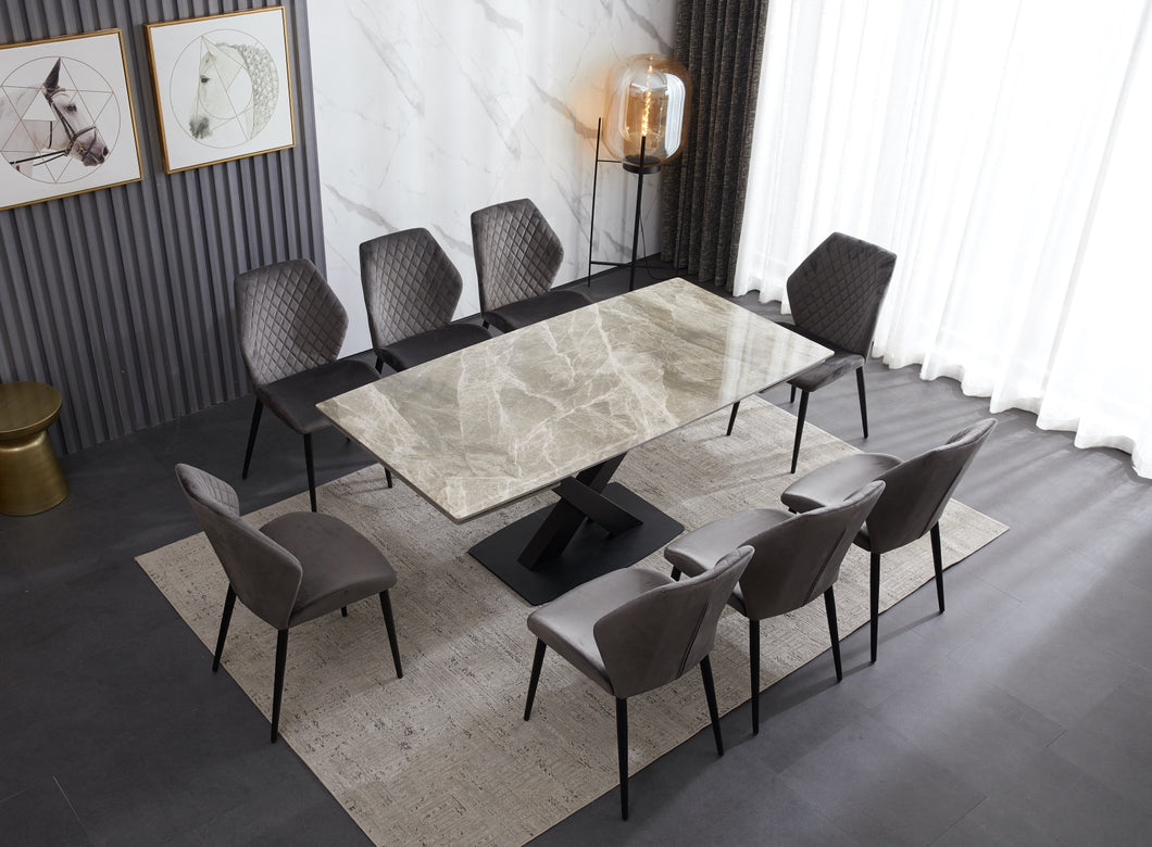 Ceramic Extending Table – White & Copper Marble Style with 8 Velvet Chairs