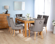 Load image into Gallery viewer, Rectangular Oak Dining Table and 6 Grey Velvet Verona Dining Chairs with Chrome Knocker and Oak Legs
