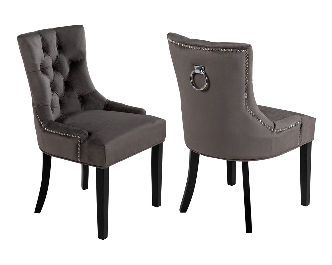 Pair of Scoop Back Verona Dining Chairs Grey Velvet with Black Legs and Chrome Knocker