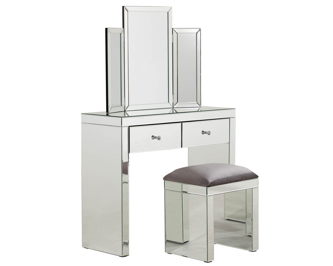 Monroe Silver Mirrored Console Table Set with Stool and Tri-fold Mirror