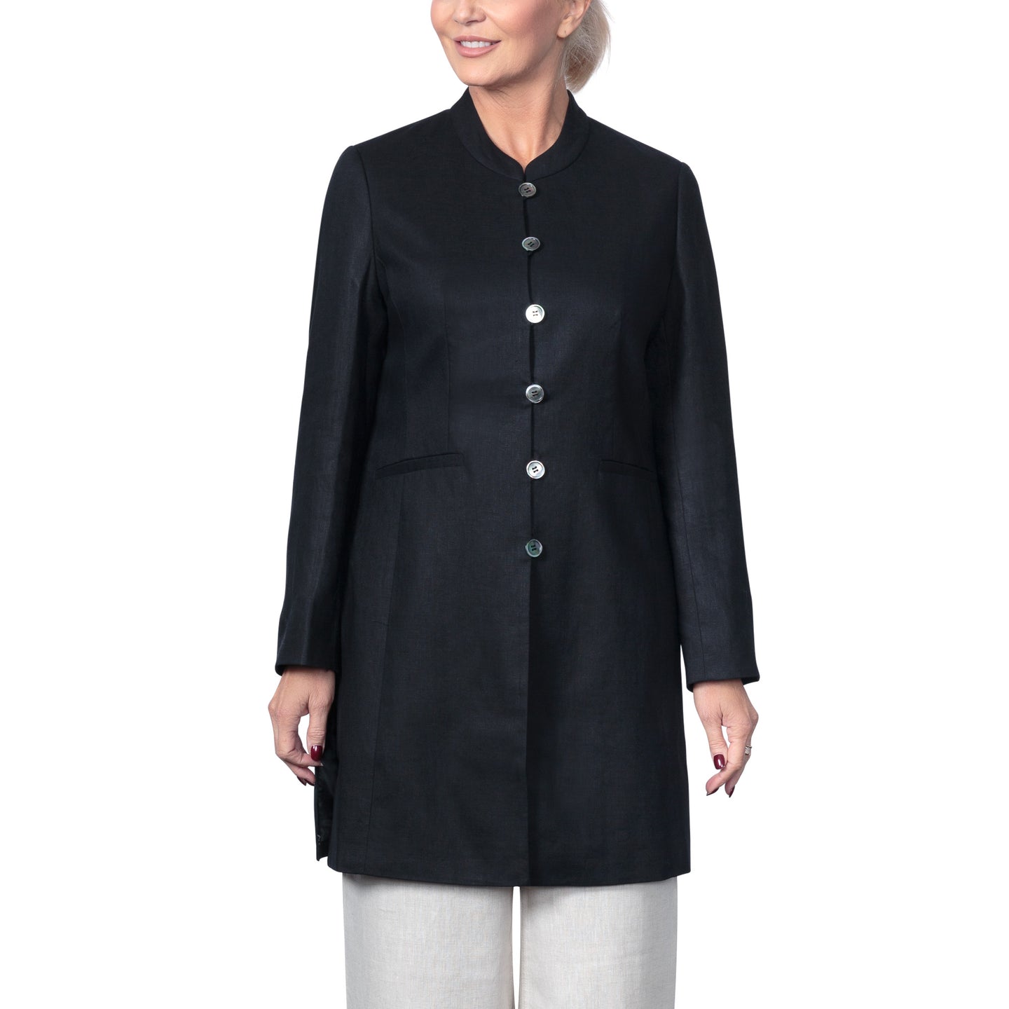 East Victoire Linen Nehru Collar Longline Jacket