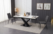 Load image into Gallery viewer, ceramic white extending dining table set inc 6 grey faux leather chairs
