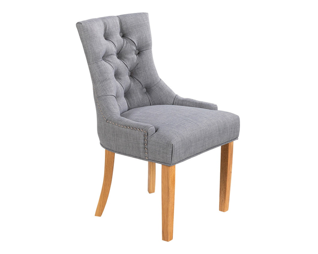 Verona Dining Chair in Grey Linen with Chrome Knocker and Oak Legs