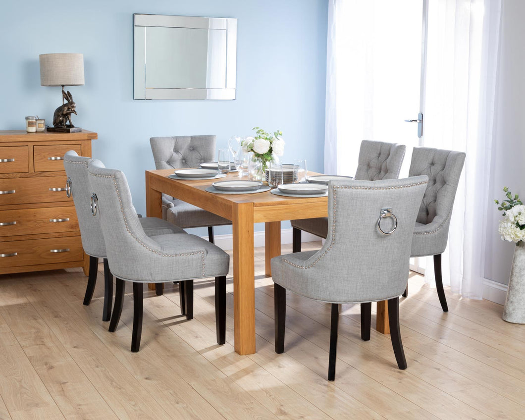 Rectangular Oak Dining Table and 6 Grey Linen Verona Dining Chairs with Black Legs