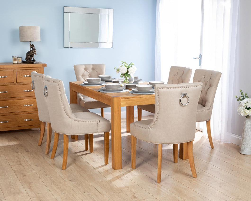 Rectangular Oak Dining Table and 6 Cream Linen Verona Dining Chairs with Chrome Knocker and Oak Legs