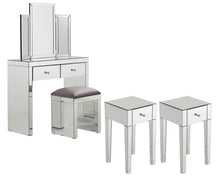 Load image into Gallery viewer, Monroe Silver Mirrored Console Table Set with 2 x 1 Drawer Bedside Tables, Stool and Tri-fold Mirror

