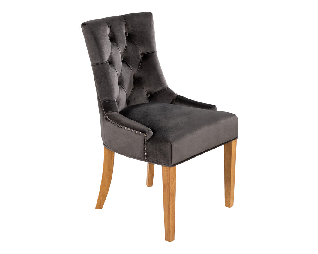 Verona Dining Chair in Grey Velvet with Chrome Knocker and Oak Legs