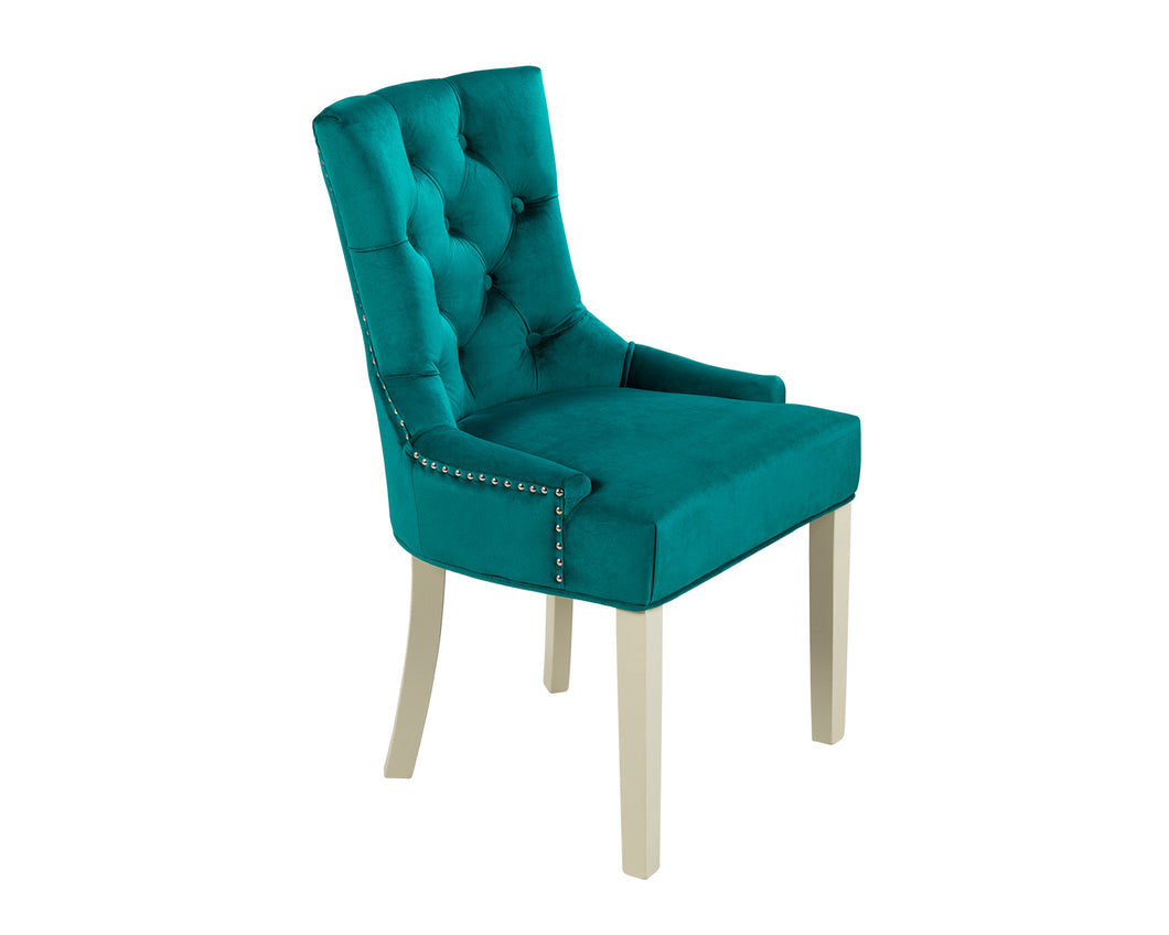 Verona Dining Chair in Teal Velvet with Chrome Knocker and Grey Legs