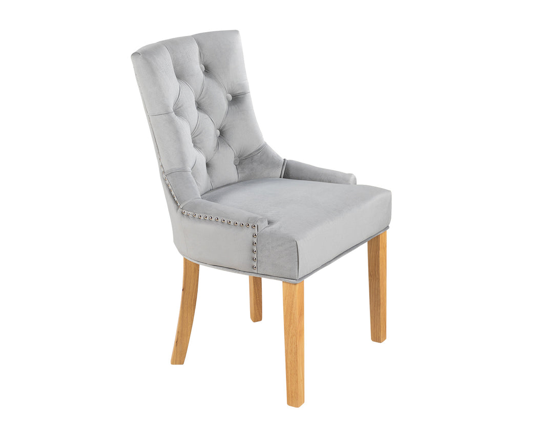 Verona Dining Chair in Light Grey Velvet with Chrome Knocker and Oak Legs