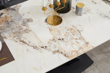 Load image into Gallery viewer, Ceramic Extending Table – White &amp; Copper Marble Style with 6 Velvet Chairs
